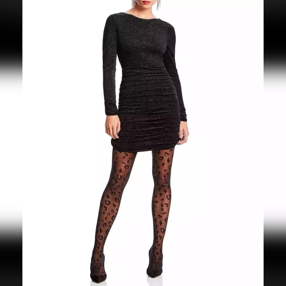 LINI Black Velvet Shine Long Sleeve Ruched Dress L